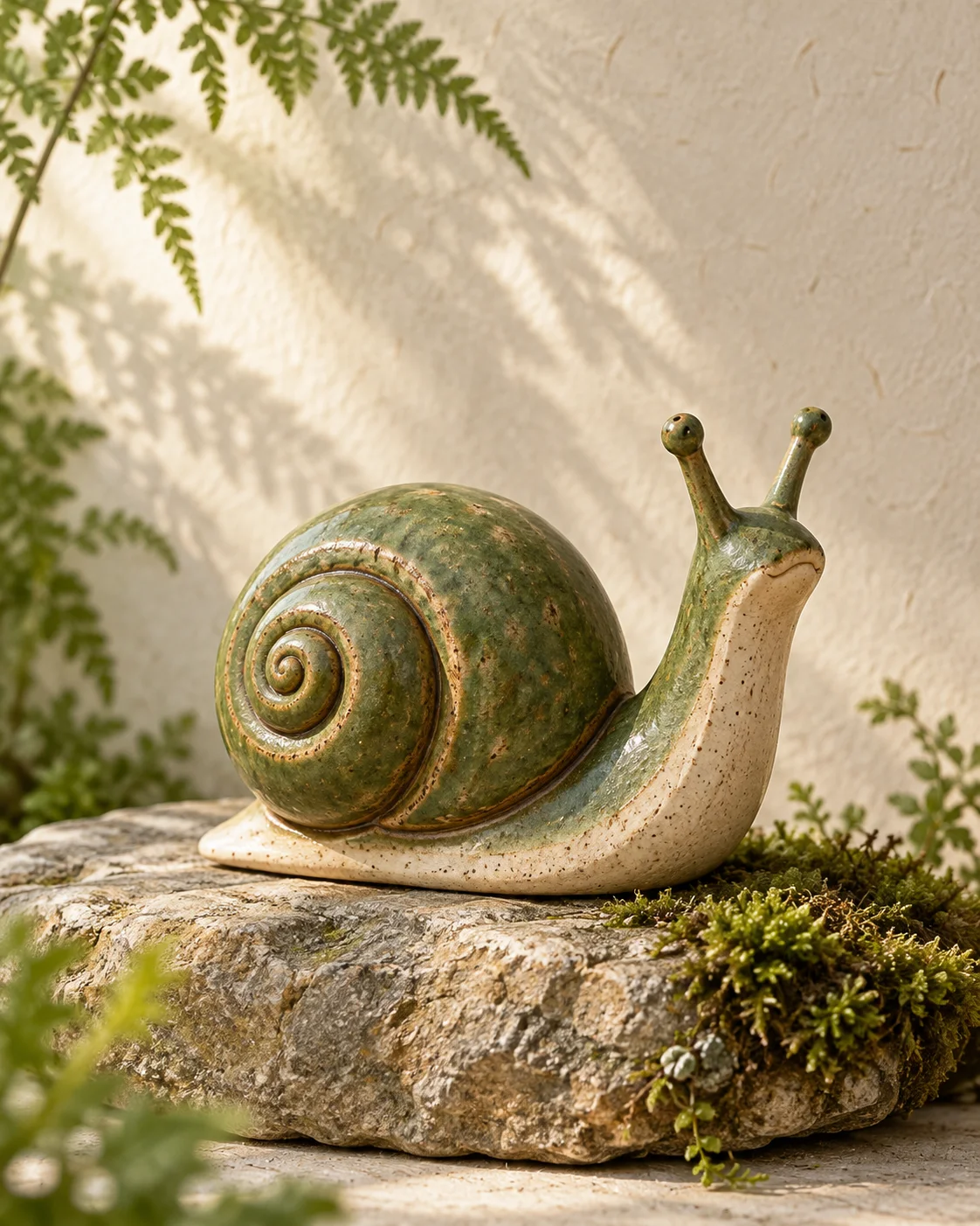 A moss-green ceramic snail resting beside moss on stone.