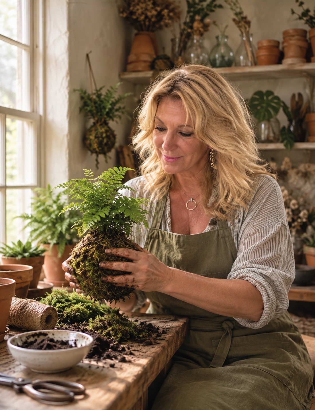 Heather smiling as she shapes a moss-wrapped fern kokedama at her sunlit studio workbench