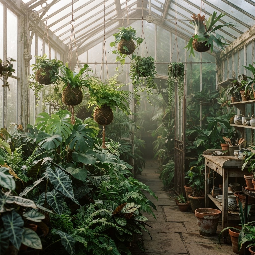 A lush greenhouse filled with sculptural plants and hanging kokedama