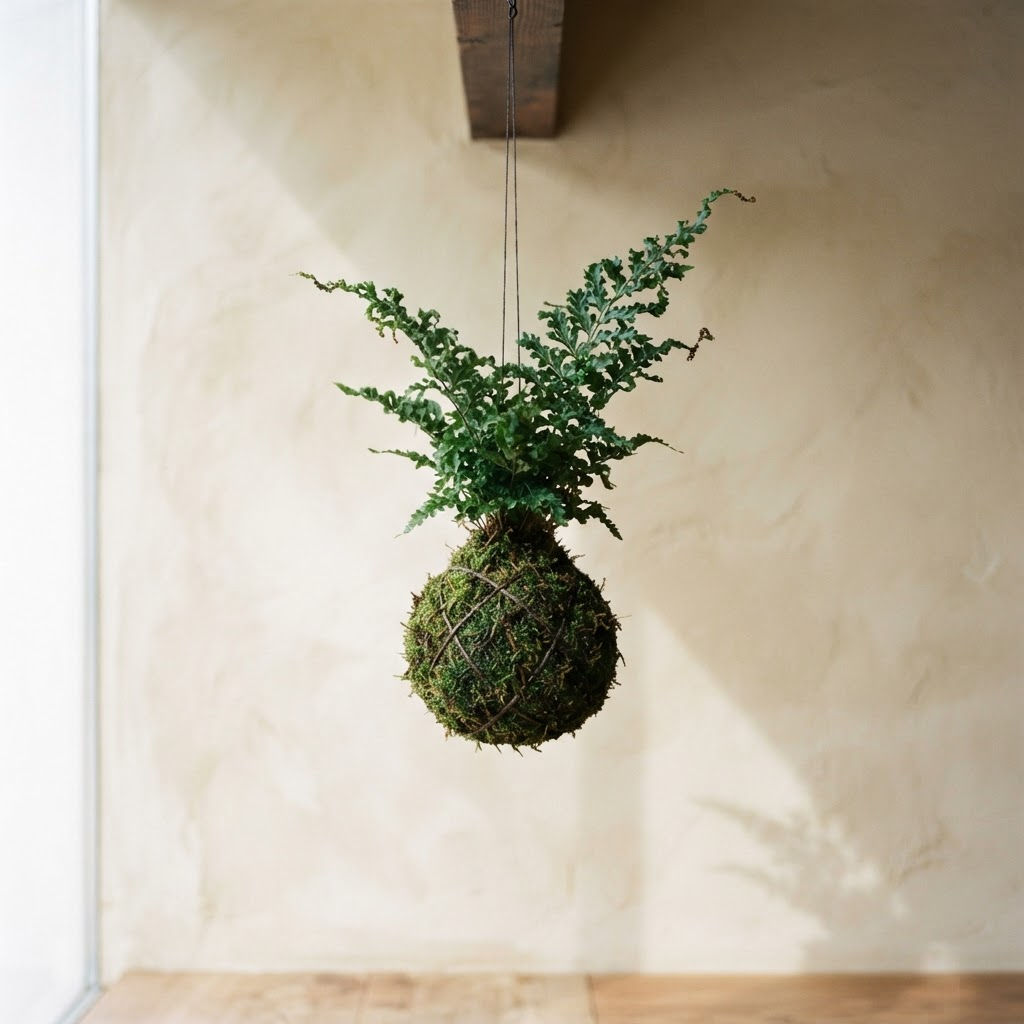 Sculptural fern kokedama wrapped in moss